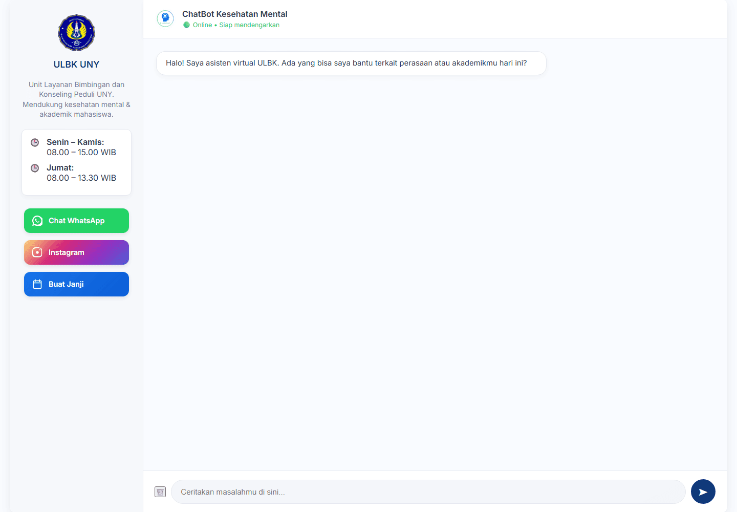 Antarmuka chatbot kesehatan mental ULBK UNY